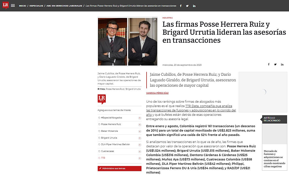 Las firmas Posse Herrera Ruiz y Brigard Urrutia lideran las asesoras en transacciones